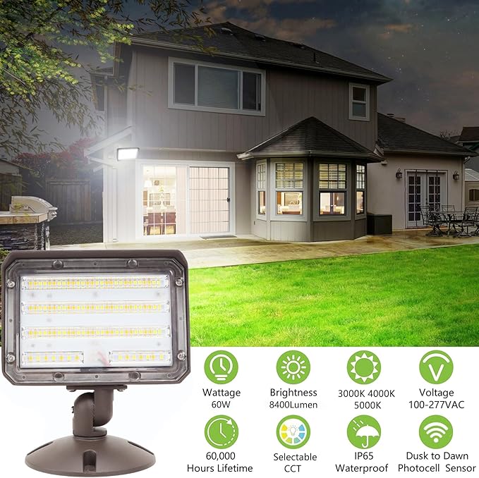 2Pack Dusk to Dawn Outdoor 60W LED Flood Light with Knuckle &amp Plate Mount 3000K/4000K/5000K Color Selectable ETL Commercial LED Security Lighting