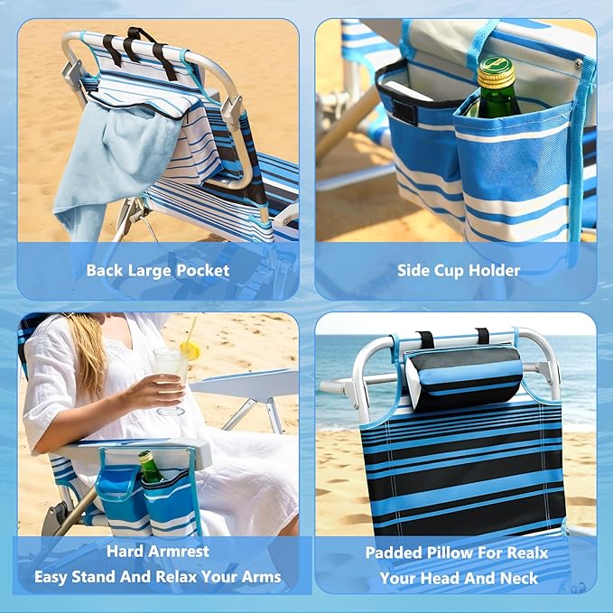 2 Pack Backpack Beach Chairs for Adults Folding Lightweight Beach Chair with Cup Holder and Padded Headrest 5 Positions Aluminum Reclining Heavy Duty Chair for Outdoor Camping PatioSupport 300LBS
