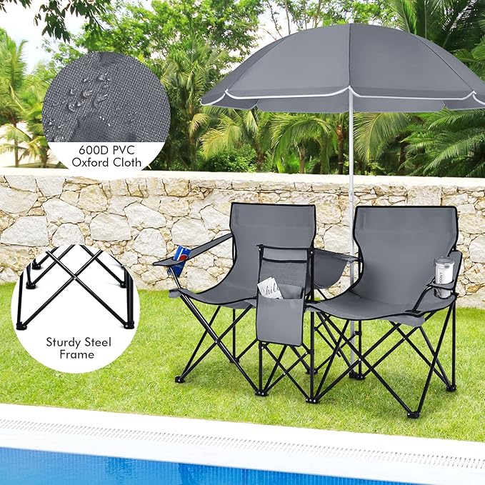 MAT EXPERT Folding Double Camp Chair w/Removable Umbrella Portable Picnic Chair w/Mini Table Chair Set w/Beverage Holder Portable Loveseat Camp Chairs for Beach Backyard Poolside (Gray)