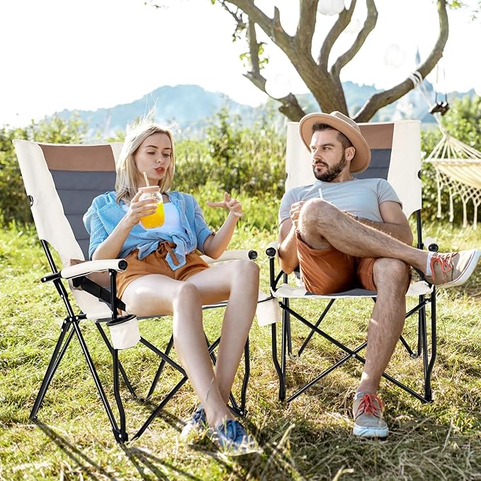 HAPPYGRILL Folding Camping Chair Set of 2 Portable Lawn Chair with Cup Holder &amp Carrying Bag 330 LBS Folding Chair for Outside Fishing Travel Swimming Picnic