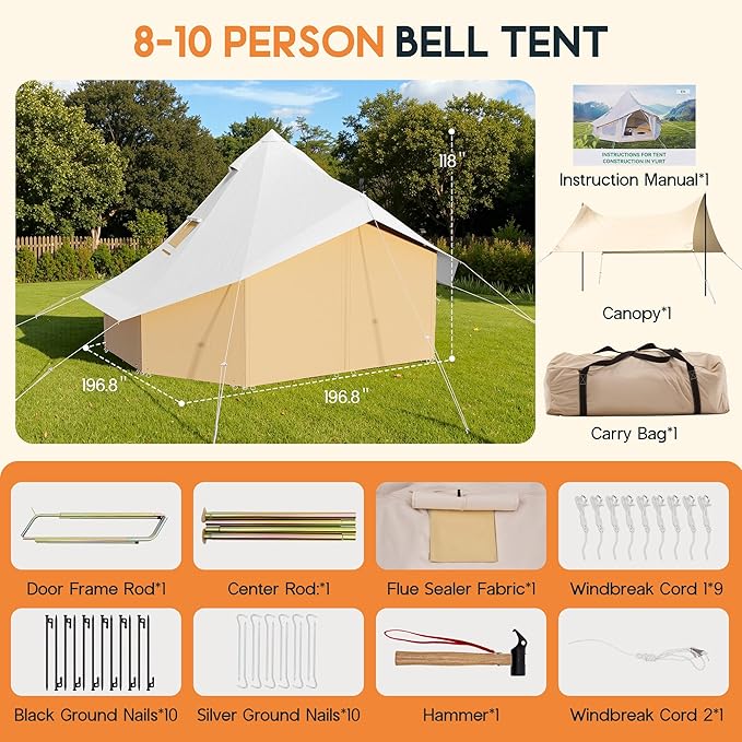 SPECRAFT Canvas Bell Yurt Tents &amp Inflatable Tent for Camping Waterproof Glamping Tent with Stove Jack Breathable Mesh Snowproofing Spacious 4-Season Family Shelter for Outdoor Camping Partie