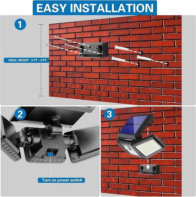 AmeriTop Solar Lights Outdoor 2 Pack 128 High Brightness LED Cordless Solar Motion Sensor Lights 3 Adjustable Heads 270°Wide Angle Illumination IP65 Waterproof Security Flood Light