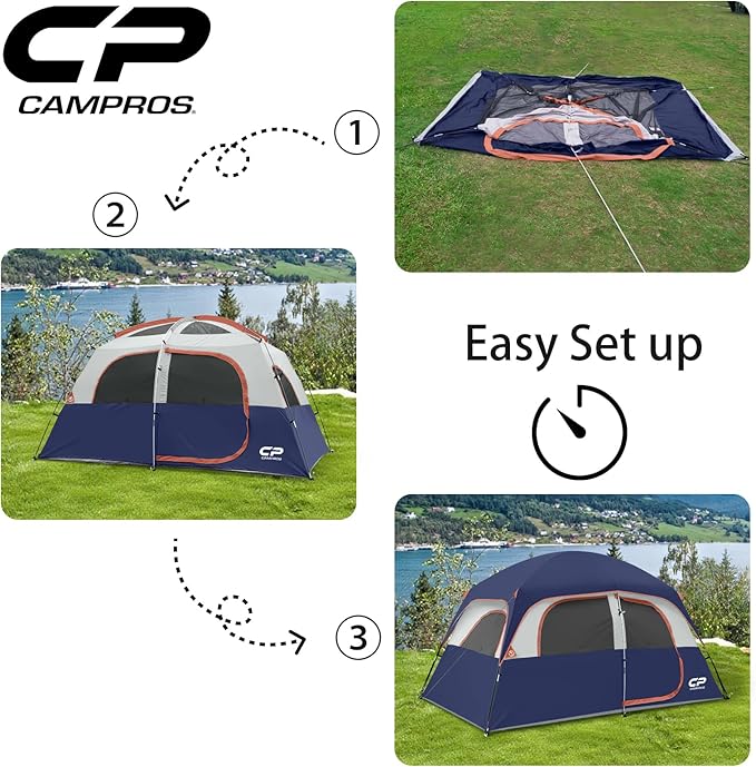 CAMPROS CP Upgraded 6/8 Person Camping Tents Waterproof Windproof Family Tent with Larger Mesh Windows &amp Door Double Layer Easy Set Up All-Season Dome Tent with Top Rainfly &amp Carry Bag