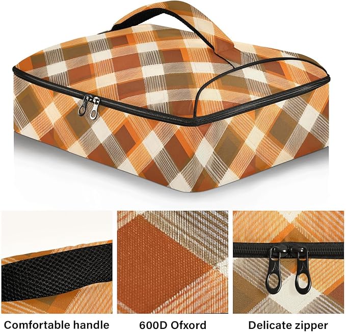 Casserole Carrier Orange Brown Tartan Insulated Casserole Carrier for Hot or Cold Food Thermal Lunch Tote for Parties Picnic Travel Carry Bag