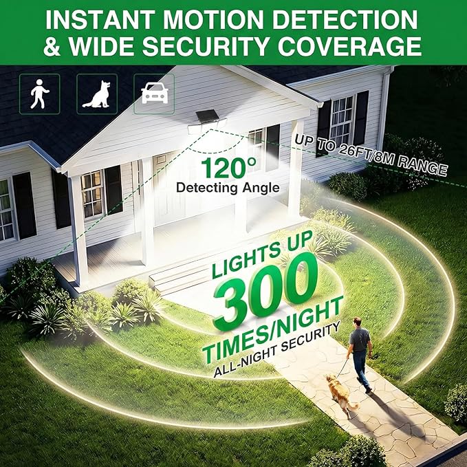 Solar Outdoor Lights Motion Sensor 3500LM 286 LED Security Flood Lights with Visual Battery &amp Mode Display 3 Lighting Modes IP65 Waterproof 3-Head Wide Angle for Garage Yard Patio (2 Pack)