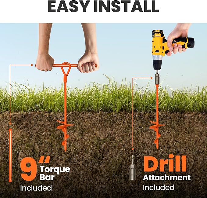 15 Screw-In Ground Anchors (4 Pack) – Heavy Duty Orange Trampoline Stakes High Visibility Earth Augers with Drill Bit &amp Glow Carabiners for Canopy Tents Carports &amp Swing Sets