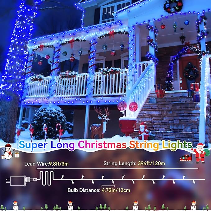 Heceltt Christmas Lights Outdoor 403FT 1000 LED String Lights 8 Modes and Timer Memory Function Twinkle Fairy Lights IP44 Waterproof Plug in for Xmas Tree Wedding Party Holiday Decor(Blue)