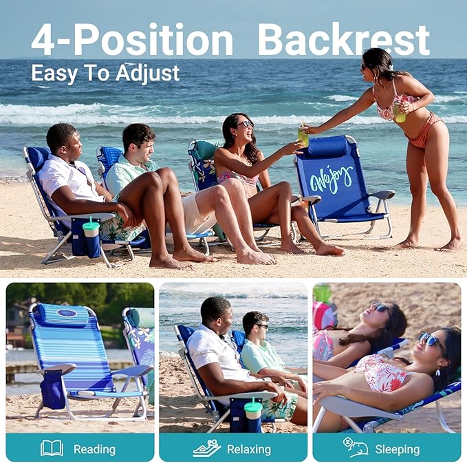 #WEJOY Lightweight Low Beach Chair for Adults 4-Position Aluminum Folding Camping Chairs with Shoulder Strap Cup Holder and Padded Headrest Supports 265lbs for Lawn Outdoor (Bluestrips)