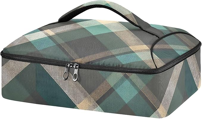 Casserole Carrier Green Brown Tartan Pattern Print Insulated Casserole Carrier for Hot or Cold Food Thermal Lunch Tote for Parties Picnic Travel Carry Bag