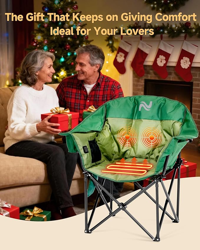 Slsy Oversized Heated Massage Camping Chair with Armrests Portable Padded Folding Chair Heavy-Duty 500 lbs Support for Camping Tailgating &amp Outdoor Relaxation