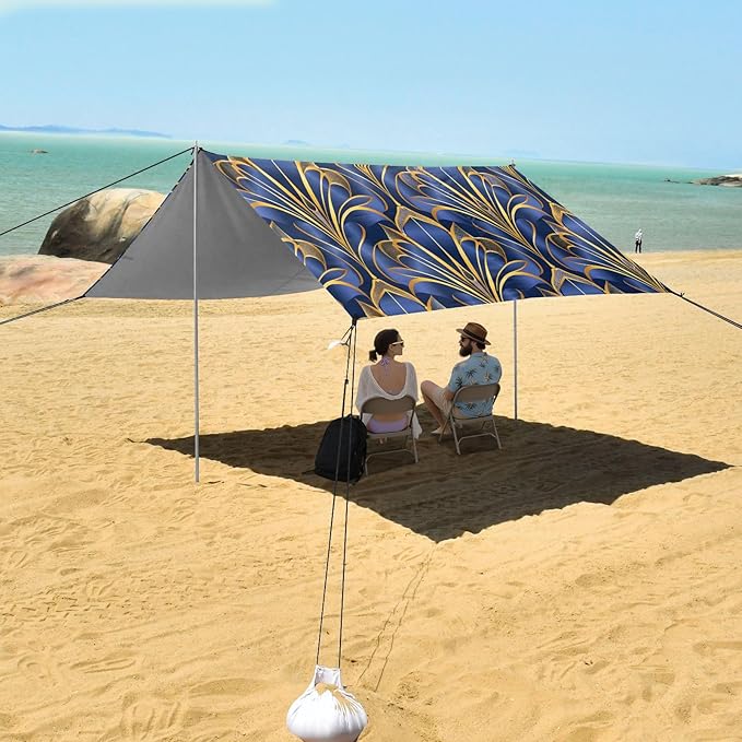 ALAZA Royal Blue &amp Golden Art Deco Floral Beach Tent Sun Shelter UPF50+ Protection Beach Shade Canopy w/ 4 Sandbags for Outdoor Camping Fishing Backyard Fun Picnic 10x9 ft