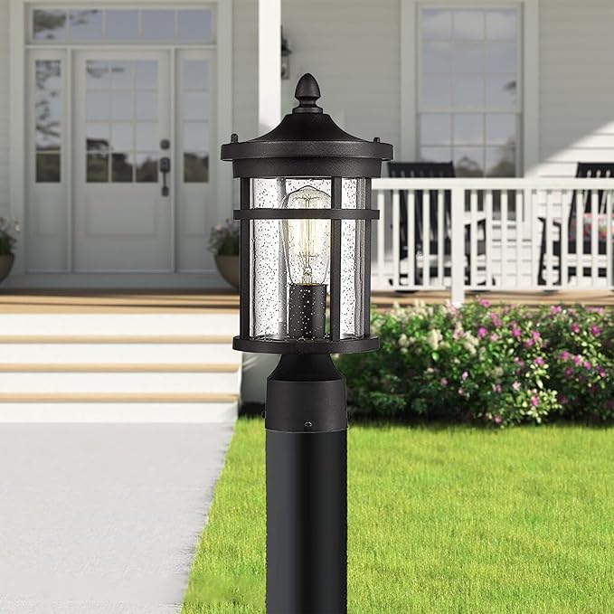 Bestshared Outdoor Post Light 13.75 Height Exterior Post Lighting Fixture Outdoor Patio Post Lantern for Pathway Driveway Front/Back Door Post Lamp in Black Finish with seeded Glass