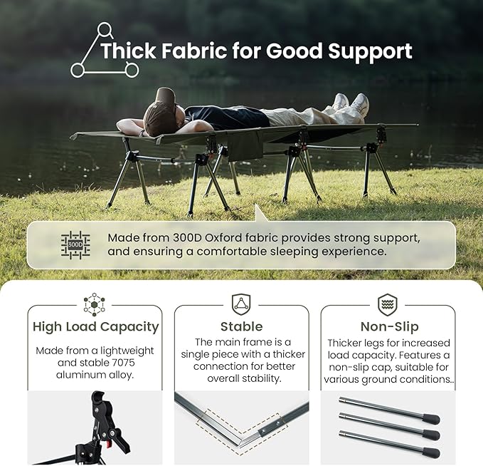 ONETIGRIS SUPRANUBIS Camping Cot Height Adjustable with Cot Leg Extenders Strong Support 330lbs Lightweight Comfortable Folding Bed for Camping Hiking Travel Truck Beach Office Nap