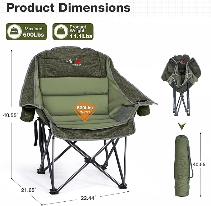 Oversized Camping Chair Portable Folding Padded Camp Chairs with Side Pocket Cup Holder Heavy Duty Support 500LBS Outdoor Lounge Chair for Adults Fishing Sports Trip Green