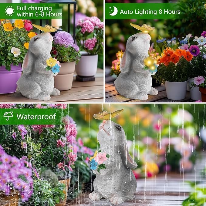 Solar Garden Decor Bunny with Flowers Statues Outdoor Outdoor Figurine Statue Lights Outdoor Garden Yard Lawn Patio Decoration Unique House Warming Birthday Present for Women Family