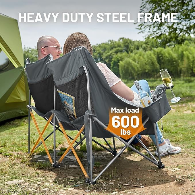 Timber Ridge 600 lbs Double Camping Chair Ultra-Wide Heavy Duty Outdoor Folding Camp Couch Loveseat Camping Chairs Perfect for Campsites Patio/Lawn Soccer Games or Other Youth Sports Supports