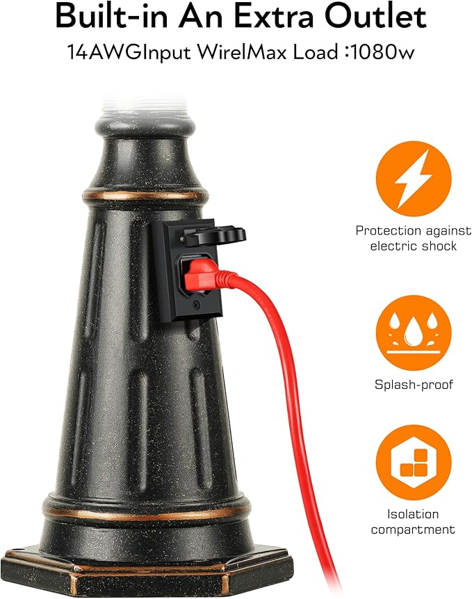 VIANIS Outdoor Lamp Post Light with Outlet Dusk to Dawn Black Light Lamp Posts for Outside with 3 Head Waterproof Post Lights Outdoor for House Doorway Driveway Anti-Rust