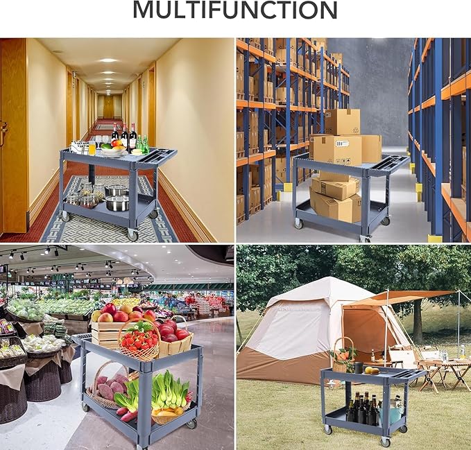 Utility Service Cart with Wheels and Two Trays Service Cart 2-Shelf 500lbs Rolling Utility Cart for Warehouse/Garage/Cleaning/Manufacturing 2 Tier Heavy Duty Uline Tool Cart 45X25 Gray