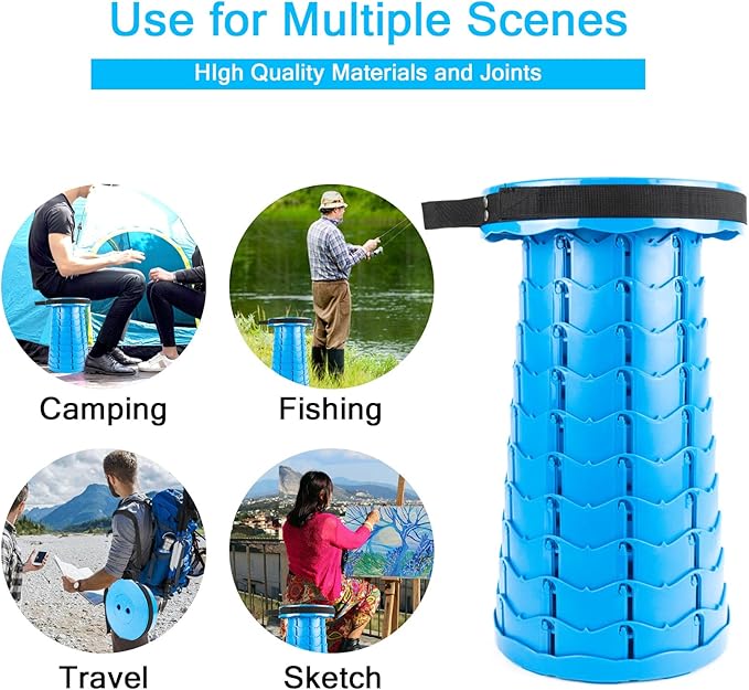 LB Portable Collapsible Retractable Folding Stool Lightweight Telescoping Foldable Camping Stool for Adults for Outdoor Fishing Hiking Gardening Travel BBQ Hunting Indoor Activities (Sea Blue)