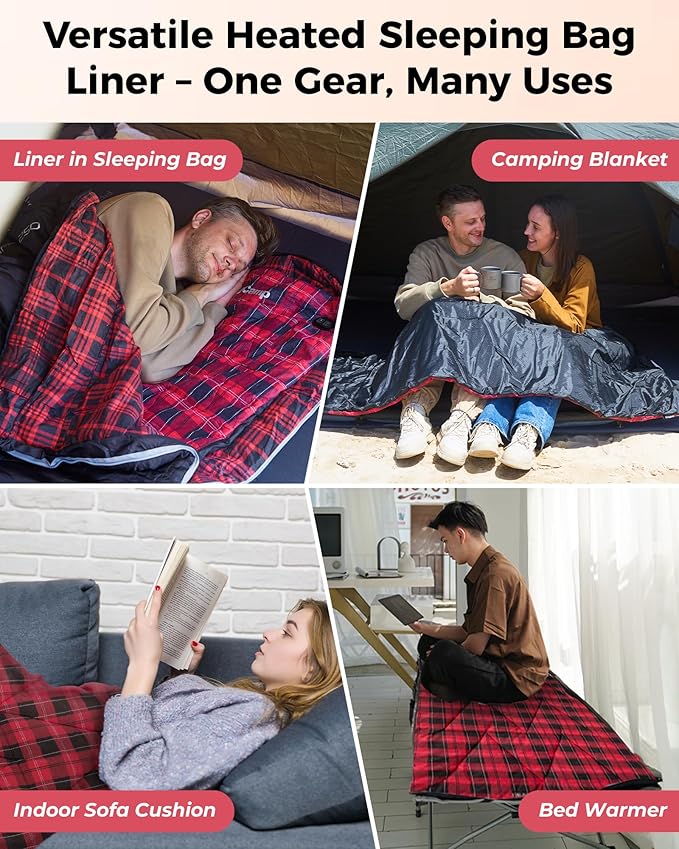 KingCamp 6 Heating Zones Heated Sleeping Bag Pad 3s Heat-up Portable XL Sleeping Bag Liner for Cold Weather Camping Hiking Multi USB Power Supported Compact Bag Included