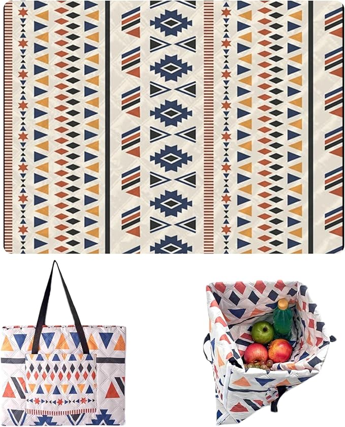 Outdoor Packable Picnic Blanket with Zipper Folds into Tote Bag with Large Storage and Shoulder Strap Waterproof Sandproof for Lawn Beach Hiking Camping (colorful1 Small)