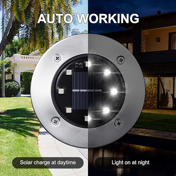 LYHOPE Solar Ground Lights Outdoor 16 Pack 8 LED Solar Disk Lights Waterproof Garden In-ground Pathway Light Landscape Lighting for LawnYardDeckPatioWalkway (White)