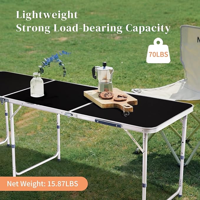 Folding Camping Table6FT Aluminum Folding Picnic Table with 3 Adjustable HeightHeavy Duty 3 Fold Utility TableIndoor Outdoor Portable Lightweight Beach Accessories with Carrying Handle (Black)