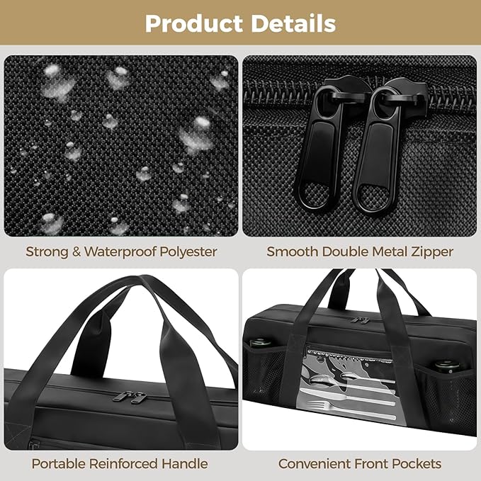 Grill Tool Storage Bag Outdoor BBQ Utensil Holder for Barbecue Tool up to 20 Large Grill Utensil Storage Caddy with Pockets BBQ Accessories Case Container for Camping Bag Only Black