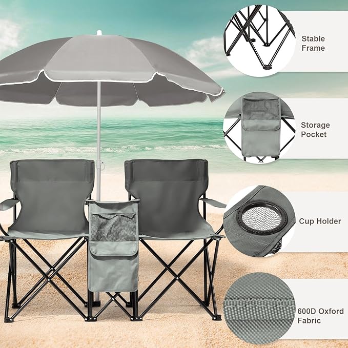 Double Camping Chair with Umbrella Portable Folding Beach Chairs Cup Holders Gray