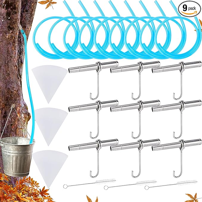 33 Pcs Maple Syrup Taps Kit Include 9 Pcs Taps Spiles with Hooks 3 Pcs Filtering Funnel 9 Pcs Blue Food Grade Maple Syrup Tubing With 3 Pcs Spile Cleaning Brush
