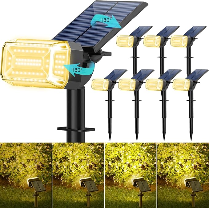 102 LEDs Solar Spot Lights Outdoor Waterproof IP65 [ 4 Modes/8 Pack] Solar Spotlights Adjustable Light &amp Panel Landscape Flood Powered Lights for Yard Garden Pathway Wall Tree(Warm White)