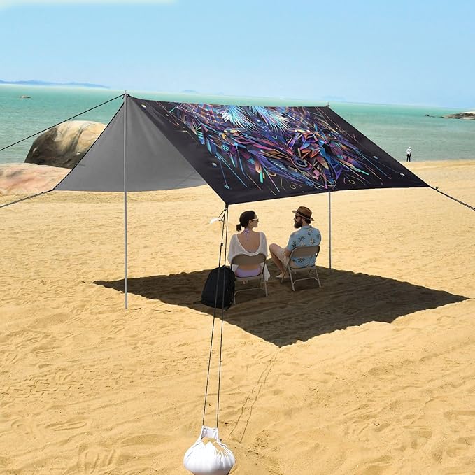 ALAZA Owl Portrait Cyberpunk Beach Tent Sun Shelter UPF50+ Protection Beach Shade Canopy w/ 4 Sandbags for Outdoor Camping Fishing Backyard Fun Picnic 10x9 ft