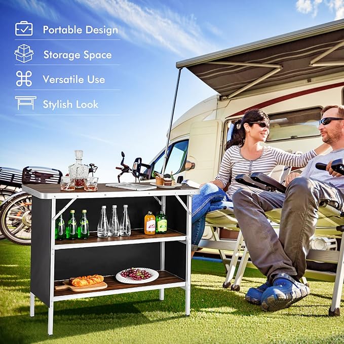 COSTWAY Folding Picnic Table Portable Camping Table with Carry Bag Lightweight Aluminum Food Prep Station with 2 Shelves Quick Set-up BBQ Party Backyard