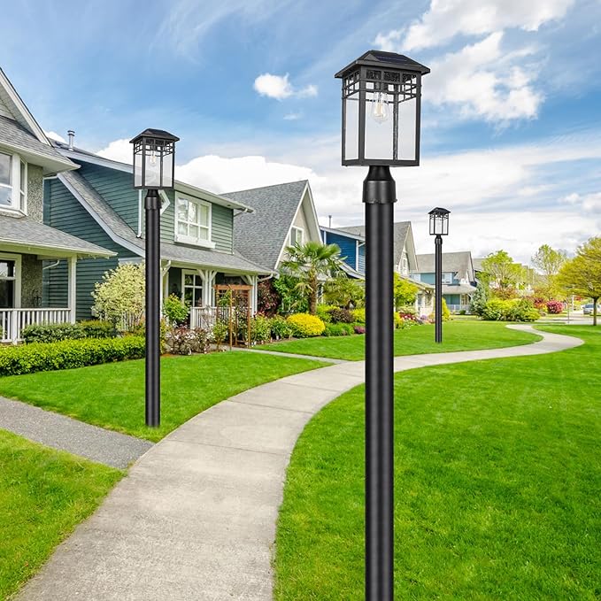 Solar Outdoor Post Light Fixture Modern Exterior Pillar Lantern with Black Finish &amp Seeded Glass Dusk to Dawn Outside Pole Light for Garden Backyard Courtyard Patio Pathway