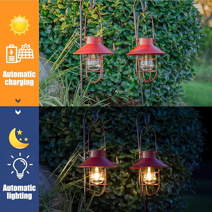2 Pack Solar Lantern Hanging Waterproof Outdoor Metal Solar Lamp with Wall Hooks Warm White Light Decorate for Yard Garden Pathway Patio Porch Decor(Red)
