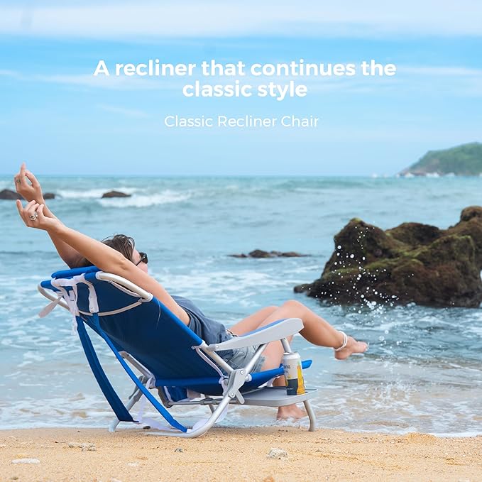 SUNNYFEEL Portable Beach Chair Lightweight Beach Chair for Adults Folding Camping Chair with Side Table &amp Organizer Bag 3 Position Adjustable Support 300lbs Heavy Duty Low Back Blue 2 Pack