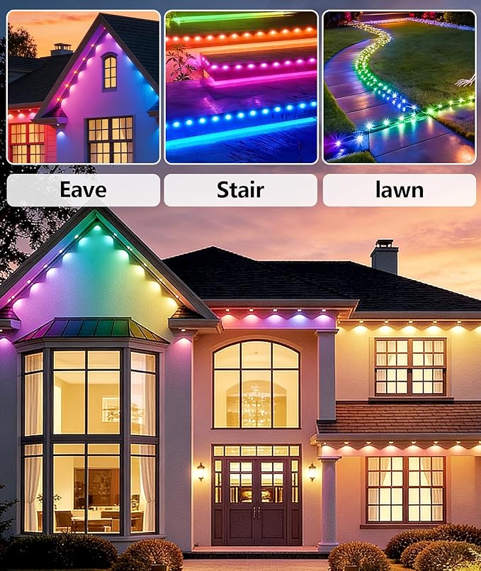 200FT RGB Permanent Outdoor Lights Smart APP &amp Remote Control IP67 Waterproof for Eaves Patio Yard Party Villa 16 Million Colors &amp Scene Modes