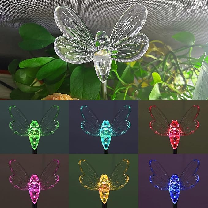 Glintoper 6 Pack Solar Garden Stake Lights Outdoor Solar Butterfly Figurine Lights Multi-Color Changing LED Landscape Lighting Sparkling Star Flower Hummingbird Dragonfly Bee for Patio Yard Pathway