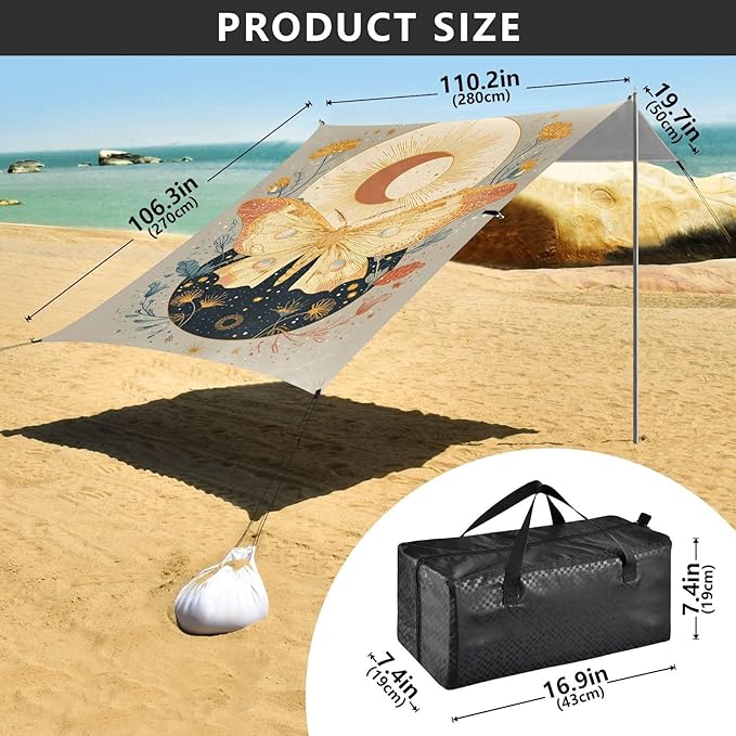 ALAZA Butterfly Moon Star Dandelion Beach Tent Sun Shelter UPF50+ Protection Beach Shade Canopy w/ 4 Sandbags for Outdoor Camping Fishing Backyard Fun Picnic 10x9 ft