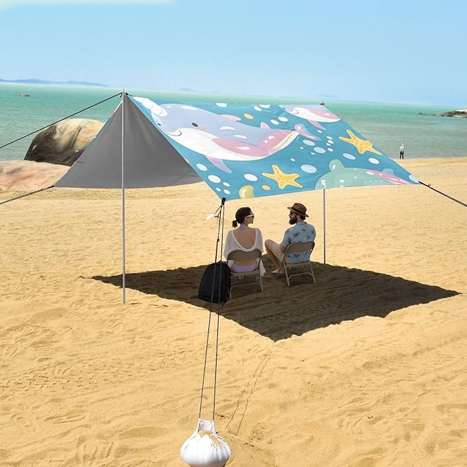 Seamless Pattern Narwhal Under The Sea Camping Sun Shelter Beach Tent Portable Beach Sun Shade Outdoor Canopy for Camping Trips Fishing Picnic