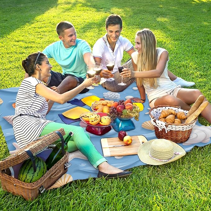 Waterproof Sandproof Beach Blanket 59''×68'' Ocean Decoration Shell Polyester Outdoor Picnic Blanket with 4 Stakes &amp Storage Bag for BeachCampingVacation