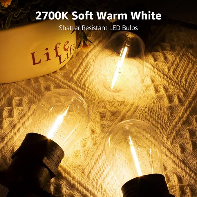 Lepro S14 Outdoor String Lights - 50ft with 15 Shatterproof LED Edison Bulbs Waterproof Bistro Lights for Deck Pergola Porch Garden Gazebo