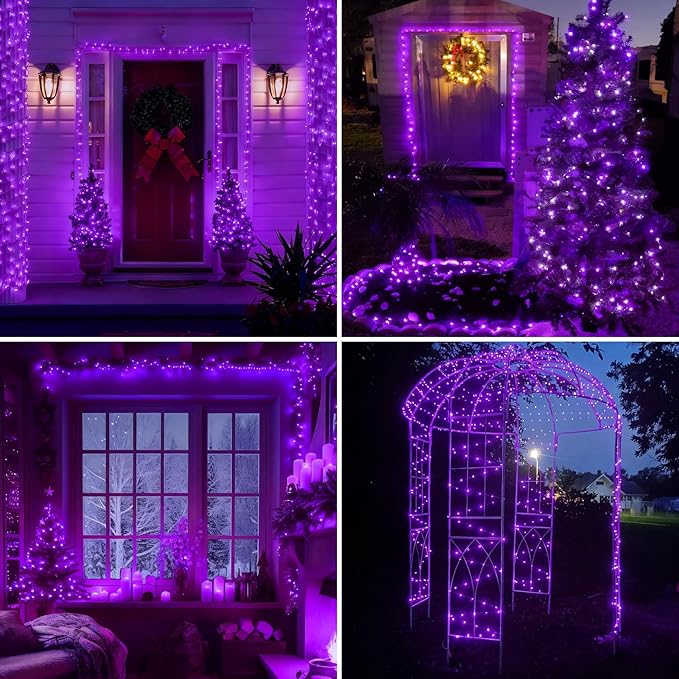 YEGUO 4 Pack Purple Solar Fairy Lights Each 33ft 100 LED Christmas Lights Outdoor Waterproof 8 Modes Sliver Wire Solar String Lights