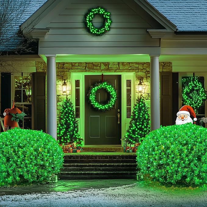 JMEXSUSS Green Christmas Net Lights 360 LED 12ft x 5ft Bush Lights Outdoor Plug in 8 Modes with Remote Connectable for Christmas Patrick Day Decorations Clear Wire