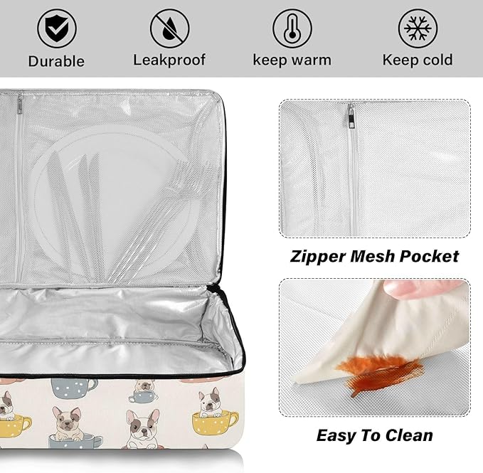 Casserole Carrier Cute French BulldogInsulated Casserole Carrier for Hot or Cold Food Thermal Lunch Tote for Potluck Parties Picnic Beach Fits 9 x 13 Inches Baking Dish