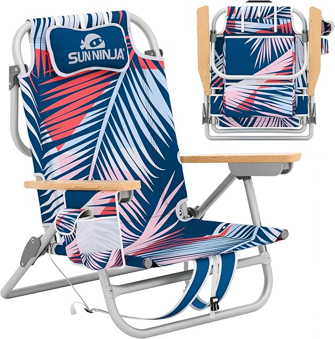 SUN NINJA Beach Chair – Folding Chair for Beach with 5 Reclining Positions Cup &amp Phone Holder Insulated Back Storage Pouch Portable Lightweight Aluminum Frame – Palm Tree 1pc