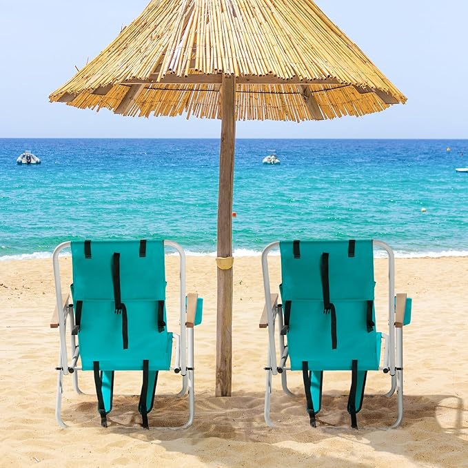 Backpack Beach Chair 4 Position Folding Reclining Lounge Heavy Duty Steel Frame 330 lbs Capacity &amp Wooden Armrests Set of 2 23x21.7x31.5 Green