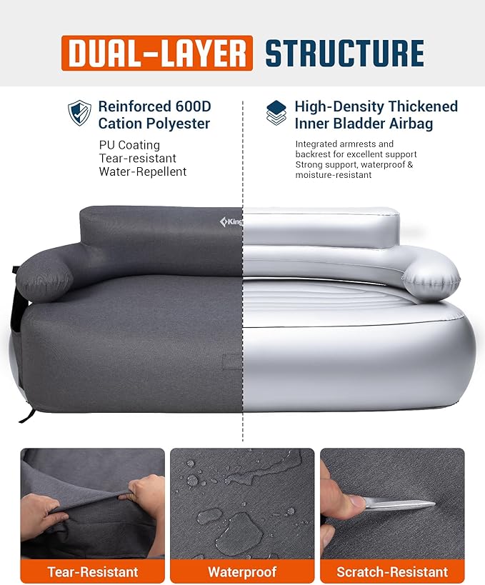 KingCamp Double Camping Inflatable Couch with Built-in Electric Pump 880LB Heavy Duty Outdoor Loveseat Air Sofa 600D Cationic Fabric Dual-Layer 2 Person Inflatable Sofa for Camp Backyard RV Patio