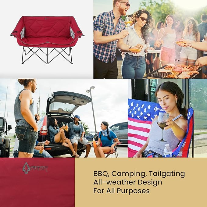 ARROWHEAD OUTDOOR 2-Pack Portable Folding Camp Loveseat Chair w/Glass &amp Cup Holders Heavy Duty Carry Bag 650 lbs Weight Capacity