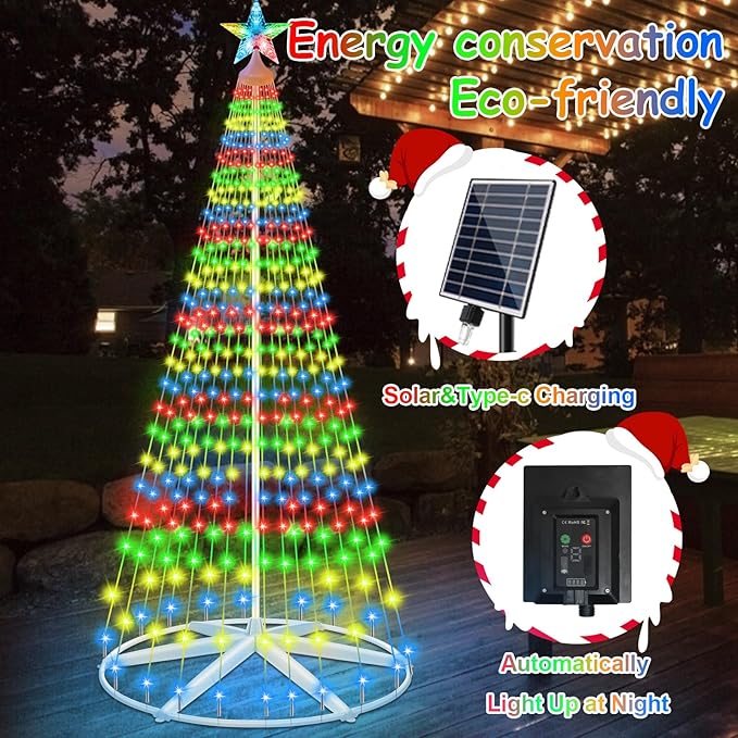 8Ft Solar Powered Christmas Cone Tree Lights with 444LEDs &amp Star Topper Remote Control 11 Modes Dimmable IP65 Waterproof Timer for Indoor Outside Yard Holiday Decoration Warm White &amp Mul